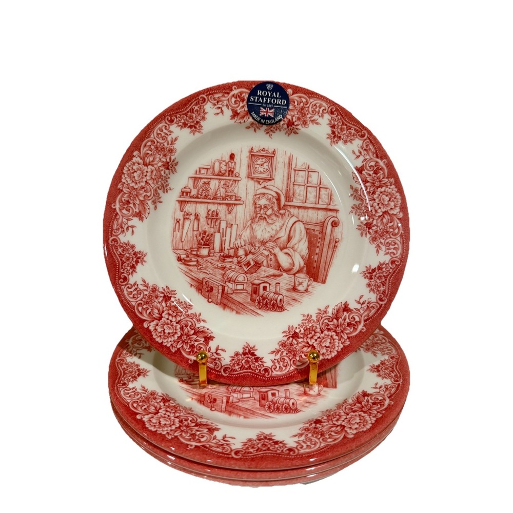 4 Royal Stafford Santa's Workshop Red 8" Salad Plates NEW